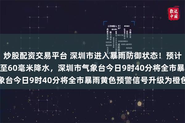 炒股配资交易平台 深圳市进入暴雨防御状态！预计未来3小时还将出现30至60毫米降水，深圳市气象台今日9时40分将全市暴雨黄色预警信号升级为橙色